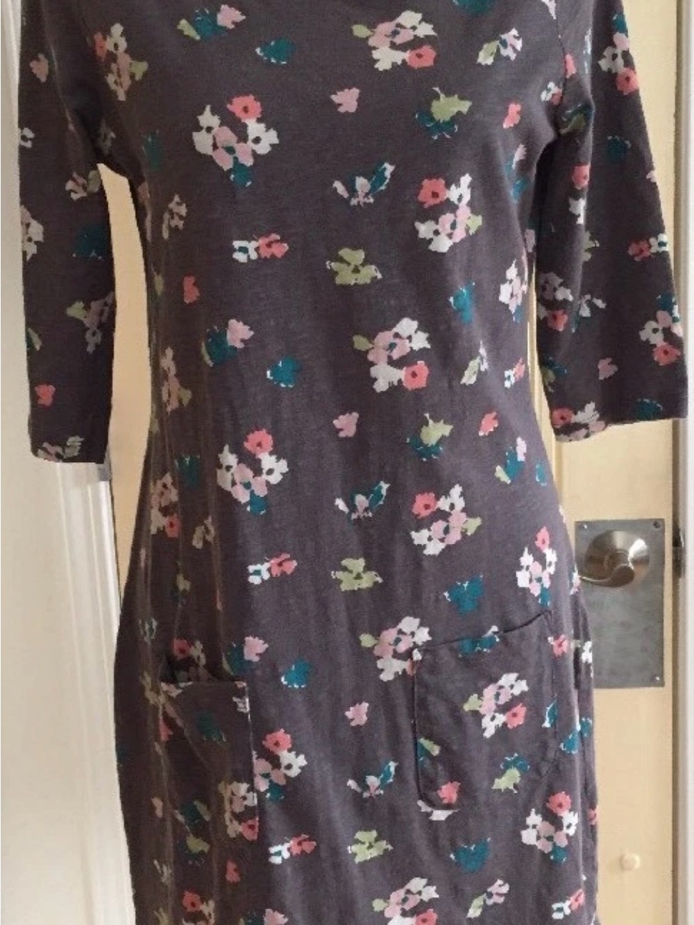 Boden Charcoal Floral Mini Dress with Pink & Teal Accents size 6